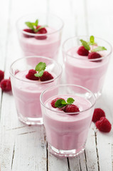 Homemade yogurt with raspberry and mint