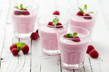 Homemade yogurt with raspberry and mint