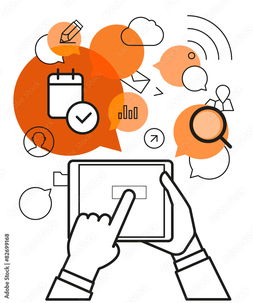 Poster communicating via modern tablet gadget. simple line design illus