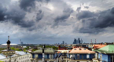 Naklejka premium Moscow city aerial panorama at stormy weather