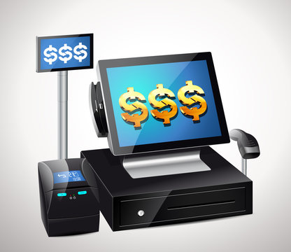 Cash register with bar code readerand receipts printer