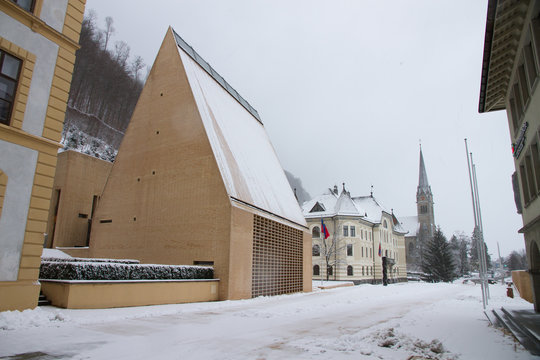 Main street of alpine town Vaduz, Lichtenstein