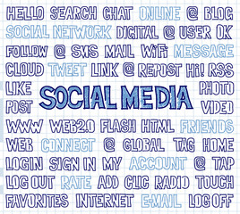 Hand written Social Media words, tags, labels on squared paper
