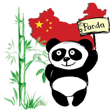 Little  cute panda  with bamboo and Chinese flag