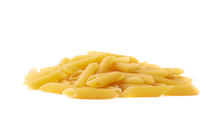 Pile of dry yellow penne pasta isolated