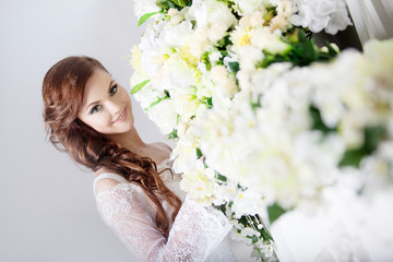 Fototapeta premium Portrait of beautiful bride. Wedding dress. Decoration