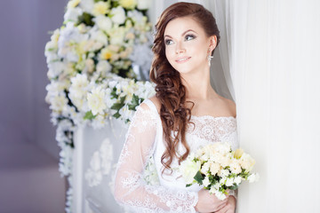 Portrait of beautiful bride. Wedding dress. Decoration