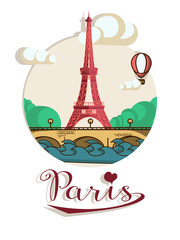 Vintage flier with Eiffel tower. Postcard with symbols of Paris.