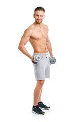 Fototapeta premium Sport man with dumbbells on the white
