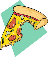 A piece of pizza. Vector pizza with sausage, greens, mushrooms.