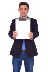 Businessman holding a blank white board