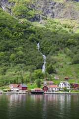 Fototapeta premium Small village in the mountains of the fjord, Norway