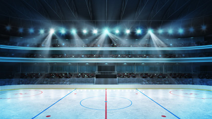 hockey stadium with fans crowd and an empty ice rink - obrazy, fototapety, plakaty
