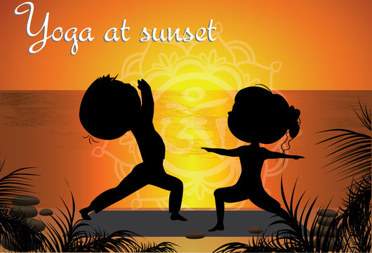 Silhouette Couple man and woman doing yoga on the beach at sunse