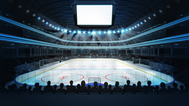 hockey stadium with spectators and blank cube text space