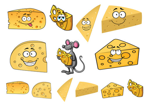 Wedges of happy cartoon cheese with a mouse