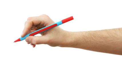 Male hand with pen isolated on white