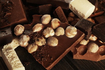 Set of chocolate with hazelnut, closeup