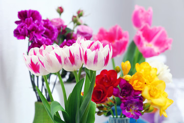 Different beautiful flowers in vases close up