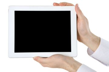 Male hands holding digital tablet isolated on white