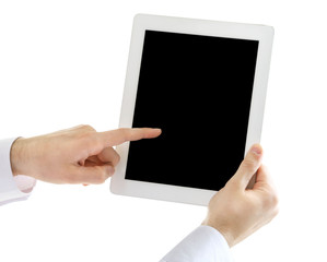 Hand holding mobile smart phone isolated on white