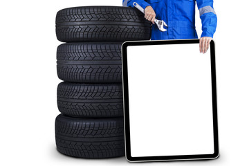 Technician with empty signboard