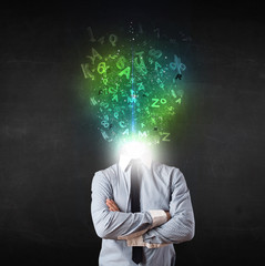 Business man with abstract glowing letters on head