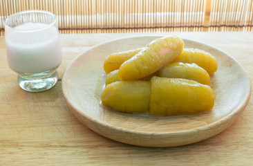 The yellow soft boiled banana sweet thai dessert