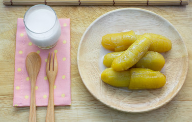The yellow soft boiled banana sweet thai dessert