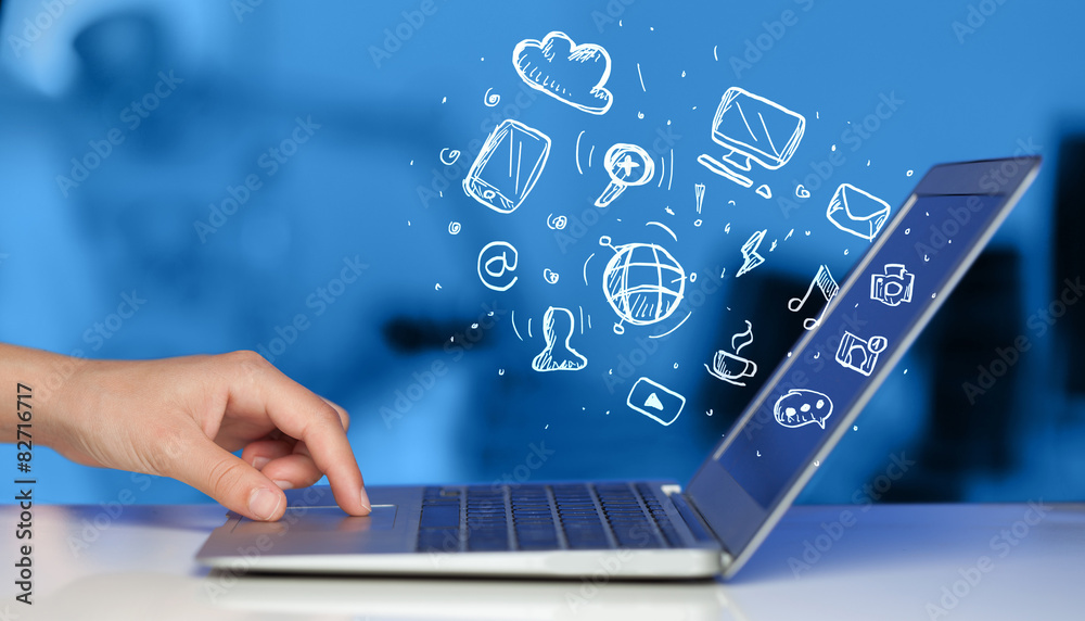 Poster Hand writing on notebook computer with media icons