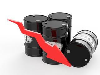Oil Barrels with Red Arrow down. Financial crisis