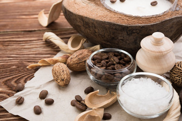 coffee beans, Spa stuff with candles in coconut