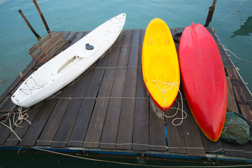 Kayaks on the wooden raft