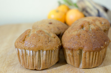 closeup banana cake and orange background,selection focus point
