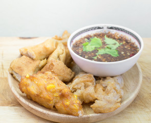 Crispy fried corn ball and fried taro,Vegetarian food, selection