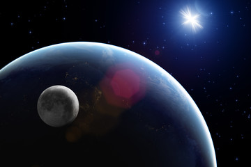 Obraz na płótnie Canvas Earth sunrise with a Moon in the background.