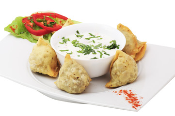 Indian food: samosa, vegetable pies.