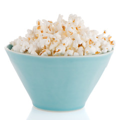 Popcorn in a blue bowl
