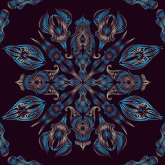 Blue seamless oriental floral lace pattern peacock feathers