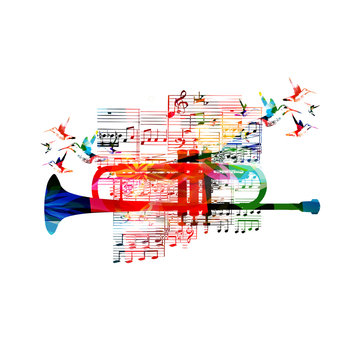 Colorful trumpet design with hummingbirds