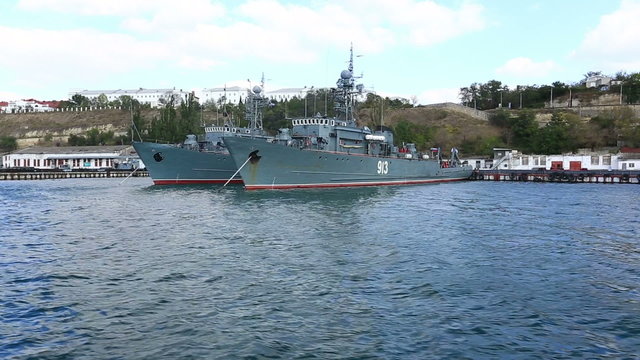 ships of Russian navy stand on  anchor parking 