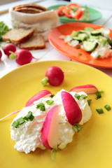 Fresh cottage cheese with radish and chive