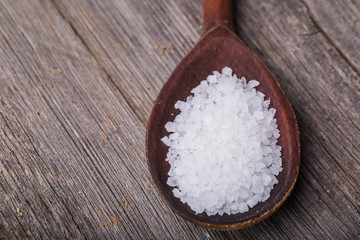 Sea salt on a wooden spoon