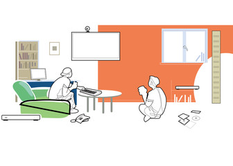 Game console. 2 friends playing video games. Vector © Aurus