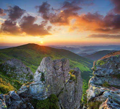 Mountain valley during sundown. Natural summer landscape