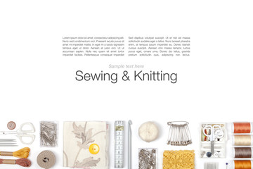 sewing and knitting on white background 
