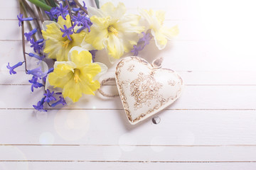 Fresh yellow and blue flowers on white wooden background