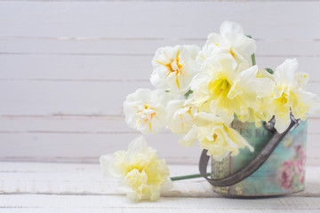 Background with fresh narcissus in bucket