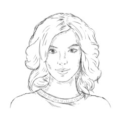 Vector Single Sketch Female Face. Women Hairstyle.