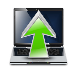 Upload icon, modern laptop with green arrow. Vector